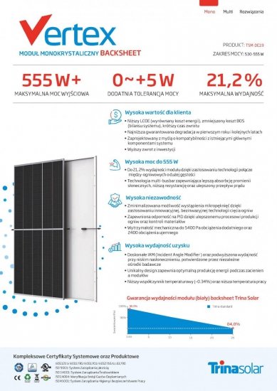 Moduł fotowoltaiczny Panel PV 550Wp Trina Vertex TSM-DE19 550 Srebrna Rama