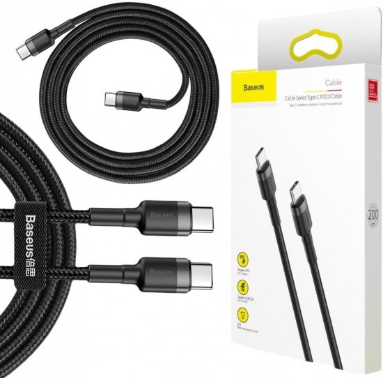KABEL USB-C -|} USB-C Baseus Cafule CATKLF-HG1 200cm 60W 3A PD 2.0 QC 3.0 CZARNO-SZARY W OPLOCIE