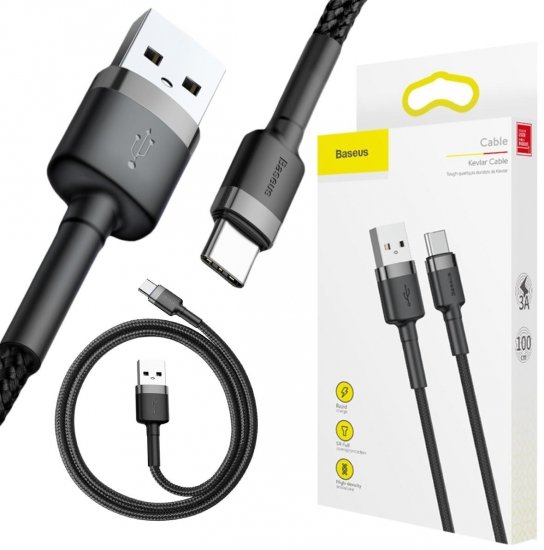 KABEL USB-A -|} USB-C Baseus Cafule CATKLF-BG1 100cm 3A QC 3.0 CZARNO-SZARY W NYLONOWYM OPLOCIE