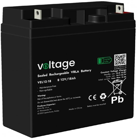 Akumulator AGM Voltage Long Life 12V 18Ah VEL12-18 (Żywotność 15 lat)