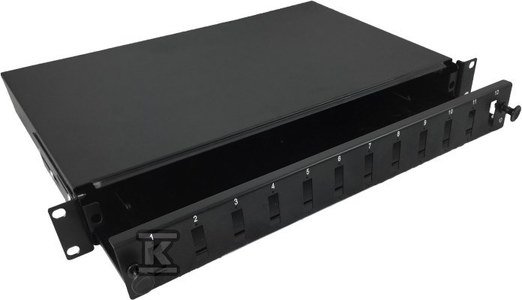Przełącznica światłowodowa 12xSC duplex 19 1U z płytą czołową oraz akcesoriami montażowymi (dławiki, opaski), wysuwalna FOP-1U-12SCD-C