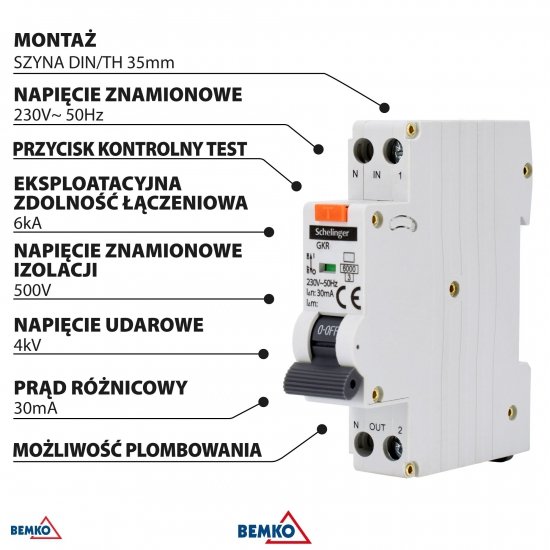 WYŁĄCZNIK RCBO 1P B 16A 30mA TYP A SCHELINGER