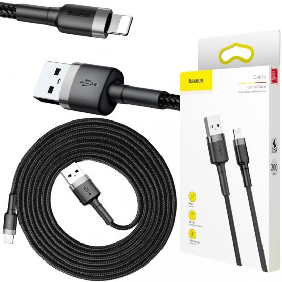 KABEL USB-A -|} Lightning / iPhone Baseus Cafule CALKLF-CG1 200cm Apple 1.5A CZARNO-SZARY W OPLOCIE