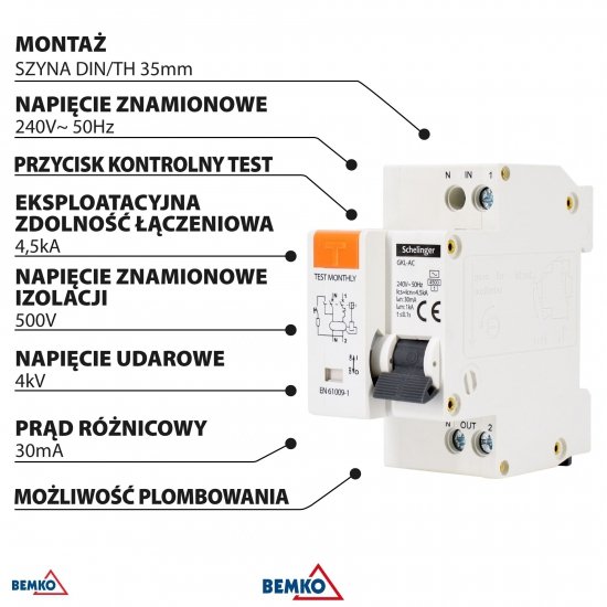 WYŁĄCZNIK RCBO 2P B 16A 30mA TYP AC SCHELINGER