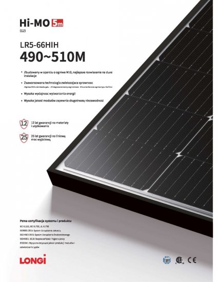 Moduł fotowoltaiczny Panel PV 505W Longi LR5-66HPH-505M Hi-MO 5M Black Frame Czarna rama