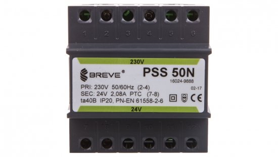 Transformator 1-fazowy modułowy bezpieczeństwa PSS 50N 230/ 24V 2,1A, na szynę DIN, IP20, Ta 40, 16024-9888