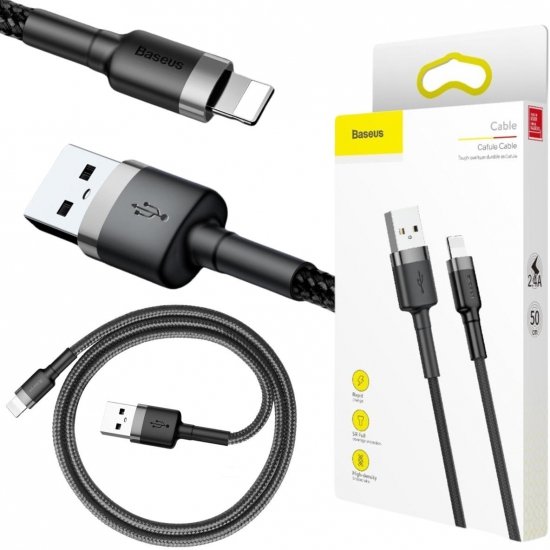 KABEL USB-A -|} Lightning / iPhone Baseus Cafule CALKLF-AG1 50cm Apple 2.4A CZARNO-SZARY W OPLOCIE
