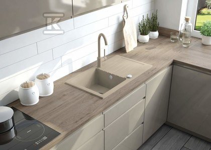 Zlewozmywak Zorba piaskowy granit 1-komorowy z krótkim ociekaczem 580x440x160, 3,5 + osprzęt plus bateria nemezja z wylewką u oraz impregnat do zlewozmywaków granitowych Plus, 200 ml DLW301