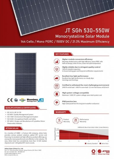 Moduł fotowoltaiczny Panel PV Jetion Solar 545W JT545SGh Monofacial Srebrna Rama 