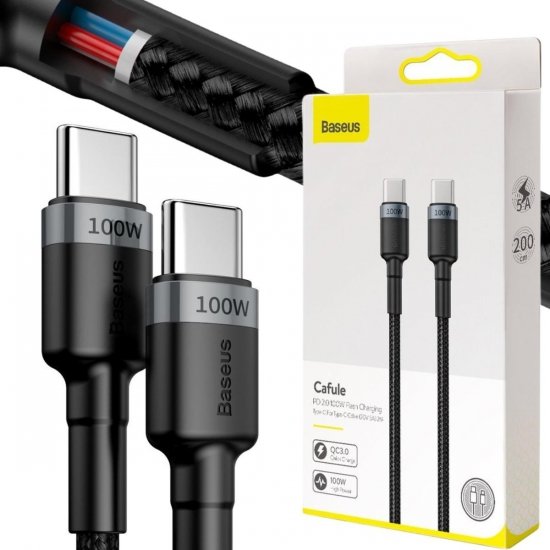 KABEL USB-C -|} USB-C Baseus Cafule CATKLF-ALG1 200cm 100W 5A PD 2.0 QC 3.0 CZARNO-SZARY W OPLOCIE