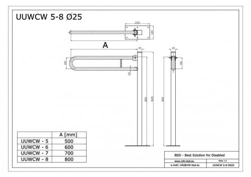 Uchwyt Uchylny WC Wolnostojący dla Niepełnosprawnych 70cm stal nier fi25