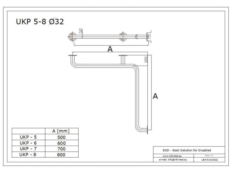 Uchwyt kątowy Prysznicowy dla Niepełnosprawnych 70/70cm stal nierdzewna fi32 