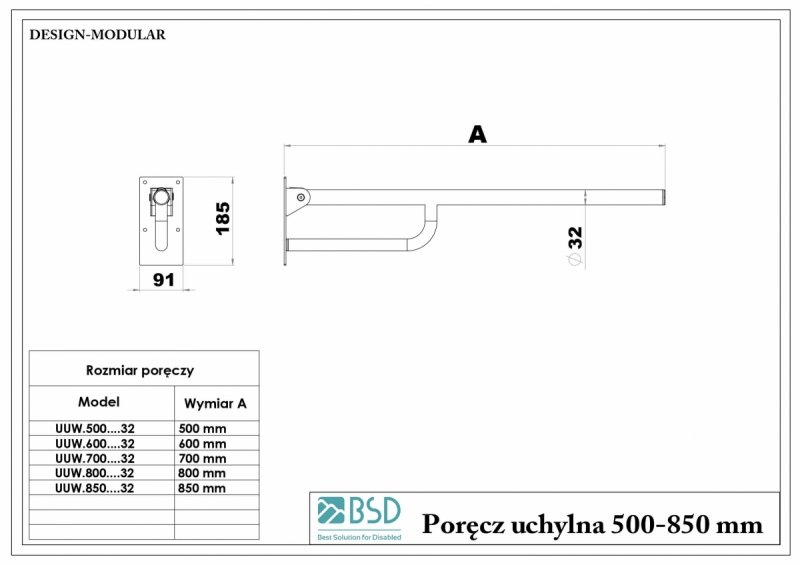 Uchwyt Uchylny stal nierdzewna seria MODULAR fi32 wymiary