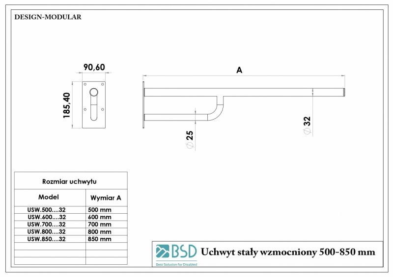 Uchwyt stały 50 cm dla niepełnosprawnych stal nierdzewna MODULAR