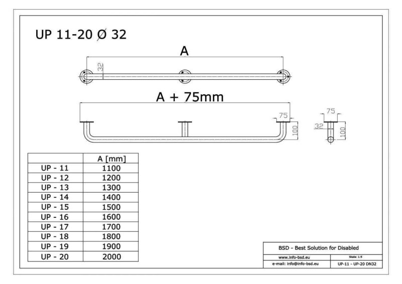 Uchwyt Prosty dla Niepełnosprawnych 200cm biały fi32