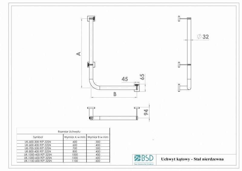 Uchwyt Kątowy 60/30 cm dla Niepełnosprawnych stal nierdzewna fi32 MODULAR