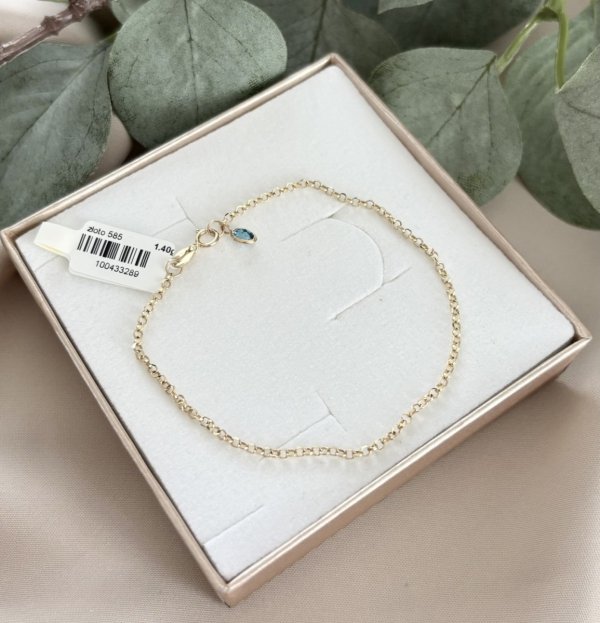 Złota bransoletka łańcuszkowa z niebieskim kryształkiem 585 BR.01416