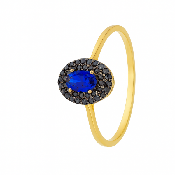 Złoty Pierścionek z Granatową Cyrkonią i Ciemną Oprawą – Biżuteria Damska Złoto 585 