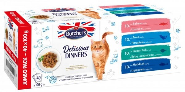 Butcher&#039;s Delicious Dinners Cat jumbo pack mix smaków dania z rybą w galaretce karma dla kota 40 x 100g