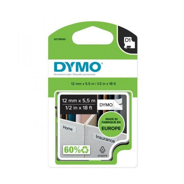 TAŚMA DYMO D1-12MM X 5,5M POLIESTROWA TRWAŁA CZARNY/BIAŁY