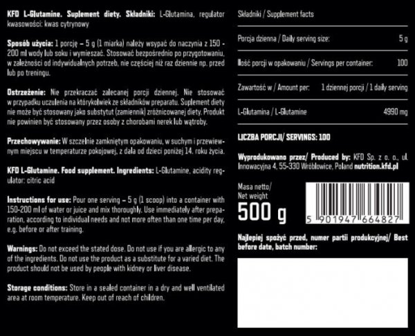 KFD Glutamine 500 g Tropikalny etykieta