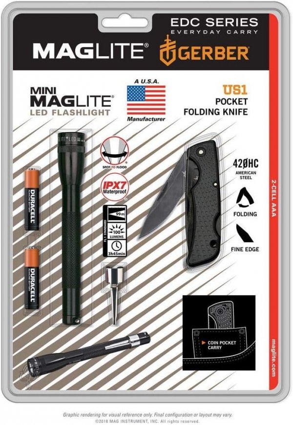 Latarka Mini Maglite LED Czarna + Nóż Gerber US1 - SP32TRK