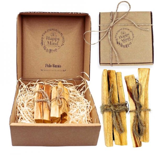  Pudełko Happy Mind z drewienkami Palo Santo zapakowane w jutowy sznurek 