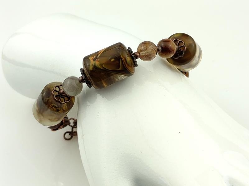 Kwarc rutylowy - damska bransoletka miedziana, obwód od 18 do 21 cm, waga 39 gram, drut pamięciowy, rękodzieło