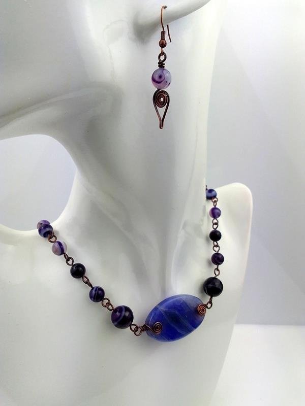 Naszyjnik i kolczyki miedziane z fioletowym agatem