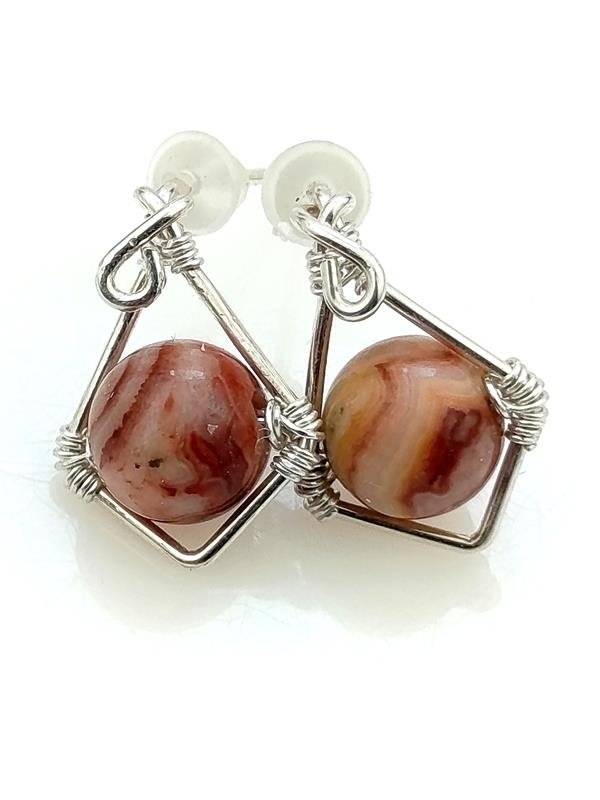 Agat koronkowy - kolczyki ze srebra, wymiary 1.3x1 cm, waga 1.5 grama, sztyfty, rękodzieło