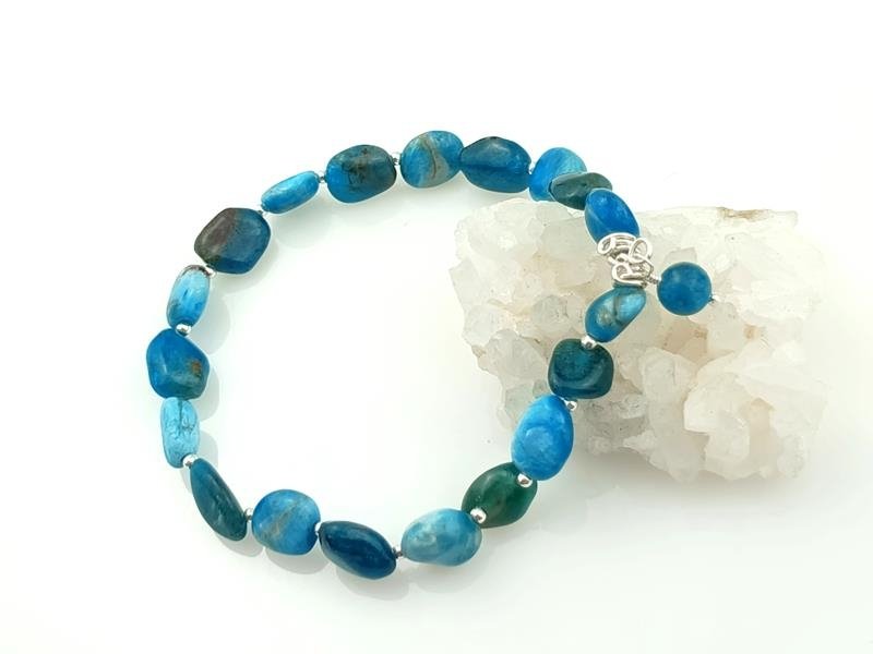 Kamyki apatytu - bransoletka na podwójnej gumce, srebro, obwód 17 cm, waga 11.5 grama, rękodzieło