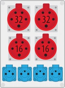 Rozdzielnica R-BOX 300: 2x32A/5P, 2x16A/5P, 4x250V, 400V, IP44, 1x termik + przewód, B.18.341P, Pawbol