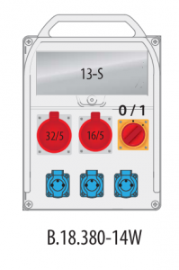 Rozdzielnica budowlana erbetka R-BOX 380 13S: 1x32A/5P, 1x16A/5P, 3x250V, 1x0/1 40A, 400V, IP44 B.18.380-14W Pawbol