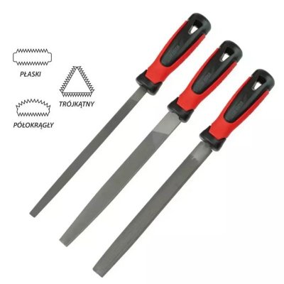 Zestaw pilników do metalu 200mm 3szt płaski, półokr, okrągły