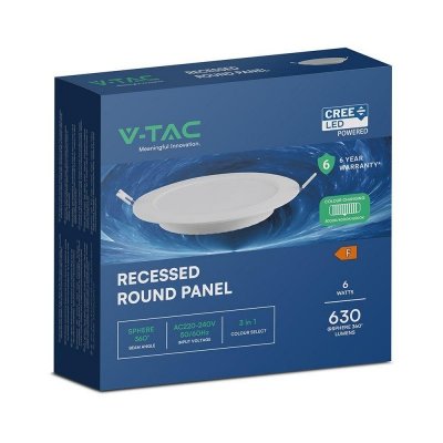 Panel wpuszczany downlight V-TAC 6W LED CREE CHIP okrągły 120x28mm VT-61006CCT 3000K-4000K-6500K 630lm 6 lat gwarancji