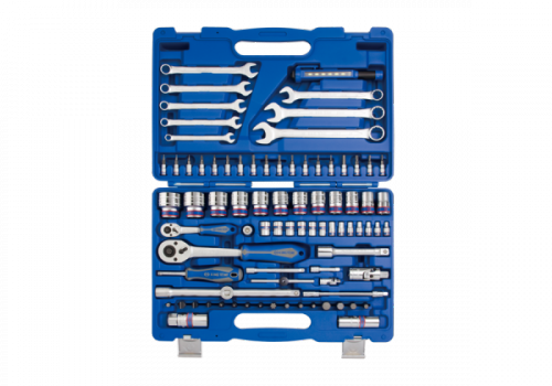 ZESTAW NARZĘDZI 83 cz. NASADKI 1/4&quot;+1/2&quot; 4 -32mm 6-kąt. Z GRZECHOTKAMI, KLUCZE, BITY, LATARKA, WALIZKA King Tony