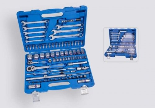 ZESTAW NARZĘDZI 83 cz. NASADKI 1/4&quot;+1/2&quot; 4 -32mm 6-kąt. Z GRZECHOTKAMI, KLUCZE, BITY, LATARKA, WALIZKA King Tony
