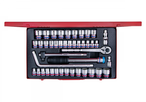 ZESTAW NASADEK 1/2&quot; 43cz. KRÓTKIE 6-kąt. 8 - 32mm, CALOWE 3/8&quot; - 1.1/4&quot; Z GRZECHOTKĄ I AKCESORIAMI, KASETA King T