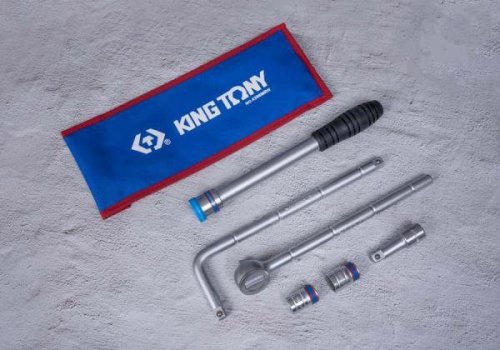 ZESTAW NARZĘDZI 1/2&quot; 6cz. NASADKI 6-kąt. 17 i 19mm Z GRZECHOTKĄ, POKRĘTŁEM I PRZEDŁUŻKĄ King Tony