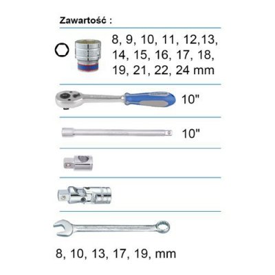 KING TONY - ZESTAW NASADEK 1/2&quot; 24cz. KRÓTKIE 6-kąt. 8-24mm, KLUCZE PŁASKO OCZKOWE, AKCESORIA, WALIZKA GRATIS King Tony