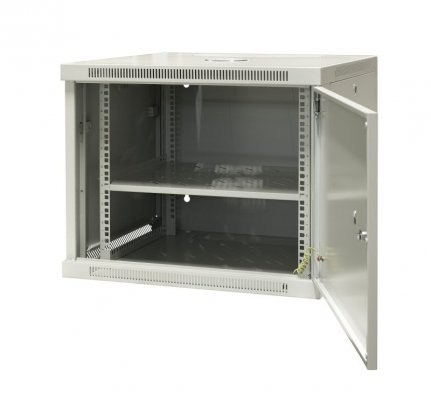 Szafa wisząca niedzielona 19&#039;&#039; 9U, drzwi całe z blachy, 600×600×500mm szer./gł./wys. (w zestawie: półka stała oraz kom