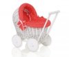 Wiklinowy wózek dla lalek pchacz biały z czerwoną pościelką i miękką wyściółką