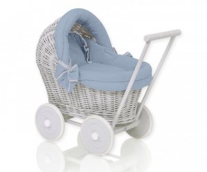 Wiklinowy wózek dla lalek pchacz szary z pościelką i miękką wyściółką brudny niebieski