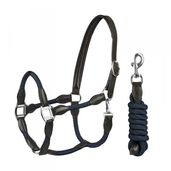 Kantar skórzano-sznurkowy z uwiązem - HORKA - brązowy / granatowy