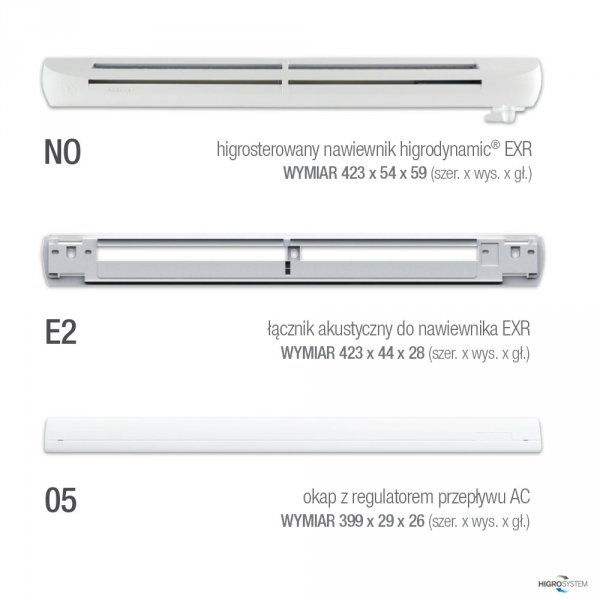 Nawiewnik higrosterowany EXR.HP + łącznik akustyczny + okap AC - 5 kolorów