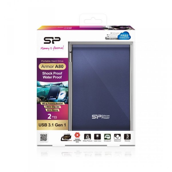 Dysk zewnętrzny HDD Silicon Power Armor A80 (2TB; 2.5&quot;; USB 3.2; 5400 obr/min; Blue; SP020TBPHDA80S3B)