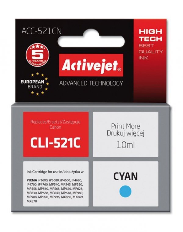 Tusz Activejet ACC-521CN (zamiennik Canon CLI-521C; Supreme; 10 ml; niebieski)