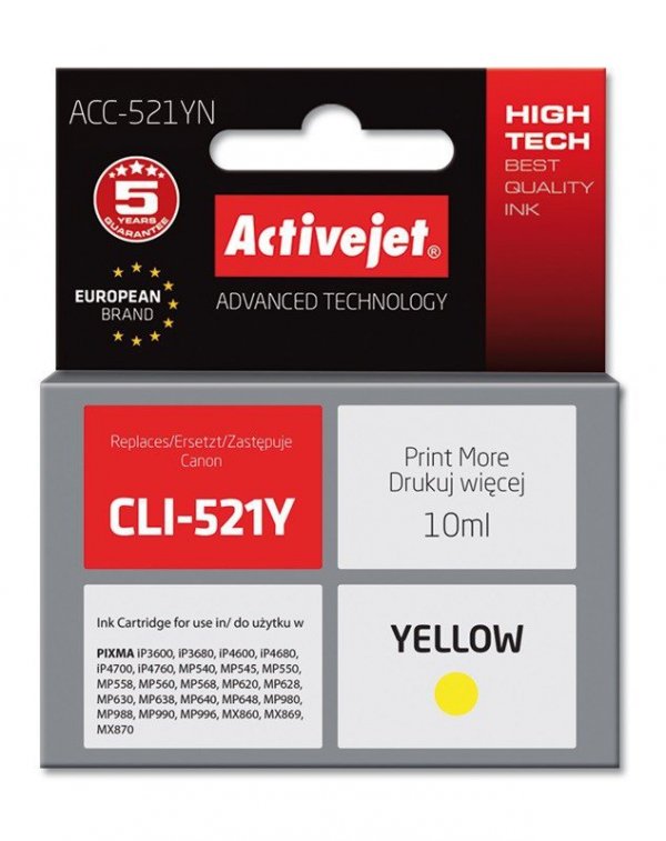 Activejet ACC-521YN Tusz  (zamiennik Canon CLI-521Y; Supreme; 10 ml; żółty)