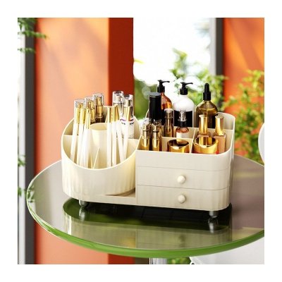 Organizer na pędzle, kosmetyki, obrotowy z szufladkami, kremowy 31 x 14,5 x 11,6 cm CB66