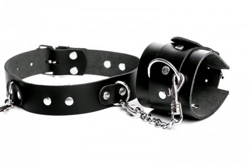 Obroża wąska połączona łańcuszkami z kajdankami na ręce Temptation